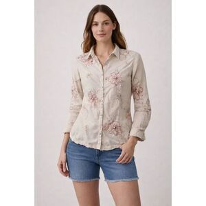 Available Floral Embroidered Cotton Blouse Womens L Boho Button Shirt